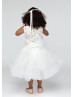Ivory Lace Tulle Pearl Buttons Back Tea Length Flower Girl Dress